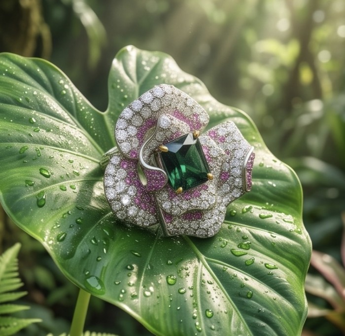 Rose Authentic 4.8 carat Emerald 1.9 carat pave Kasmir Ruby .925 Sterling Silver brilliantly dipped in rhodium 2 tones handcrafted Statement ring; s. 6 - Emerald and ruby rose brooch on leaf, close-up with morning dew.