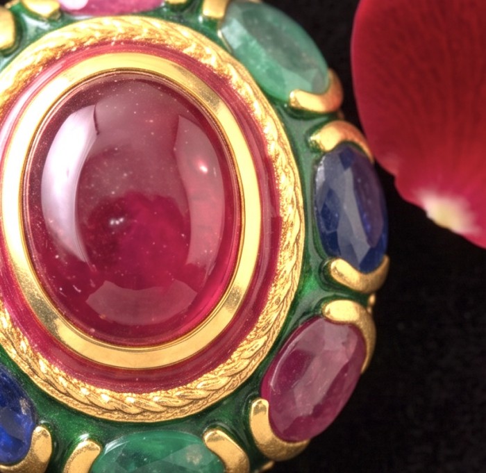 Giovanna 20.5 carat Emerald Ruby Sapphire 22k Gold over .925 Sterling Silver handcrafted Pendant - Close-up of ruby, emerald, sapphire in 22k gold jewelry.