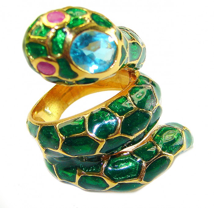 Green Snake Ruby Enamel 18K Gold over .925 Sterling Silver Huge handcrafted Ring s. 5 3/4 - photo 2