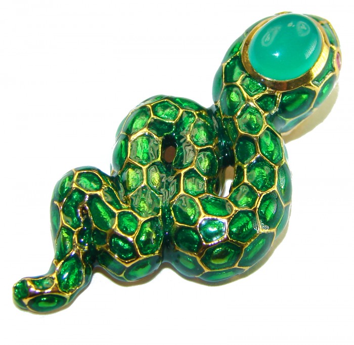 INCREDIBLE Natural Jade Enamel Snake 14K Gold over .925 Sterling Silver brilliantly handcrafted Pendant - photo 3