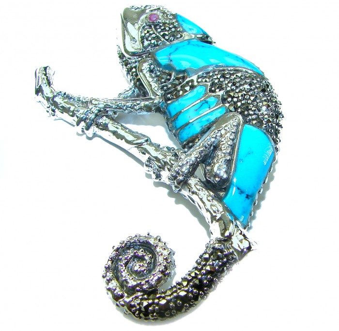 Spectacular Big Chameleon Lizard inlay Turquoise .925 Sterling Silver handmade Brooch - photo 3