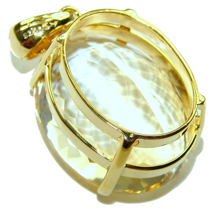 Perfection Oval cut 42.3 carat Lemon Quartz 18K Gold over .925 Sterling Silver handcrafted pendant - Close-up of 42.3 carat lemon quartz pendant in 18K gold setting