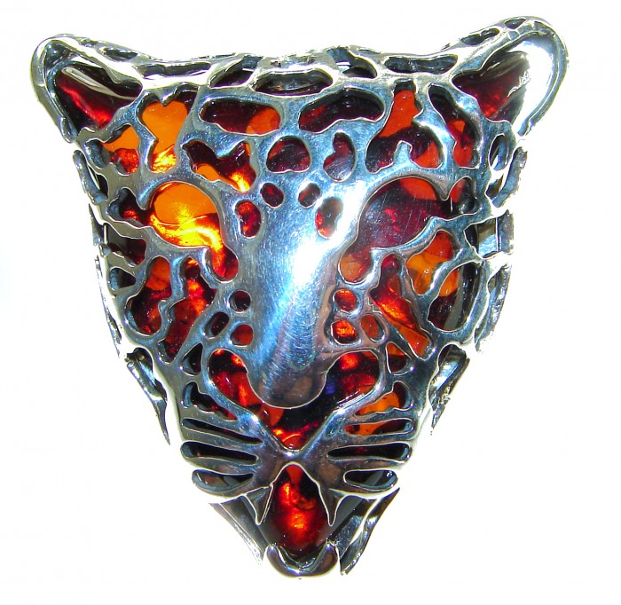 Precious Cheetah Baltic Amber .925 Sterling Silver handmade Large ring size 8 adjustable - Cheetah face jewelry with amber and silver, front view.