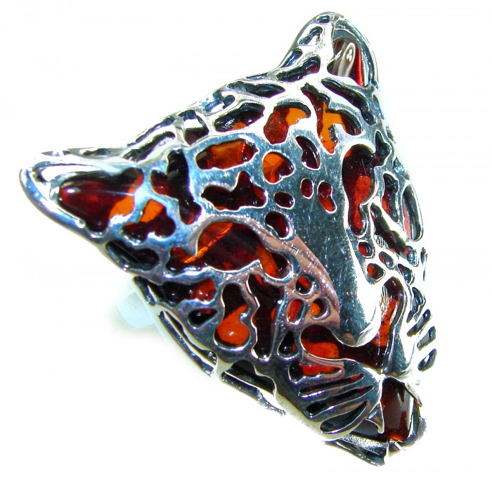 Precious Cheetah Baltic Amber .925 Sterling Silver handmade Large ring size 9 adjustable - Cheetah-shaped ring with amber inlay, close-up view, sterling silver design.