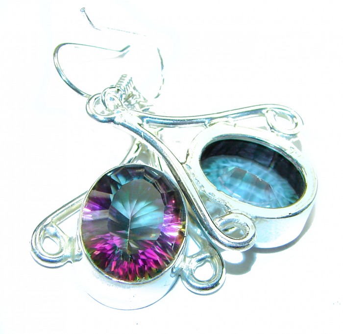 14.2 carat Mystic Topaz .925 Sterling Silver earrings - Close-up of Mystic Topaz sterling silver earrings with intricate details.