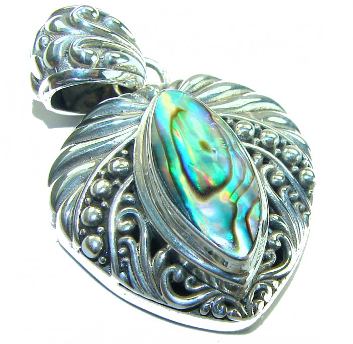 Gift of the Sea Natural Rainbow Abalone .925 Sterling Silver handmade Pendant - Close-up of sterling silver pendant with natural rainbow abalone stone.