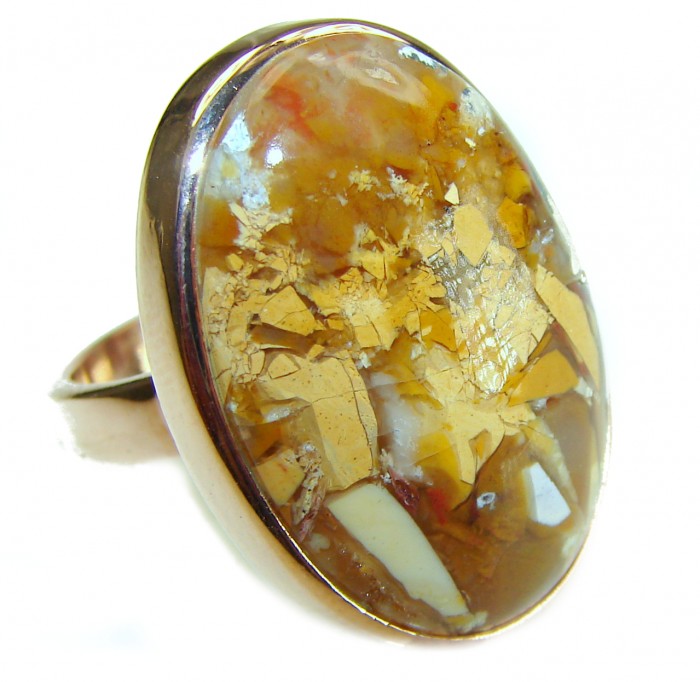Flawless Australian Bracciated Mookaite 14K Gold over .925 Sterling Silver Ring size 7 adjustable - Close-up of Australian Bracciated Mookaite ring in 14K gold.