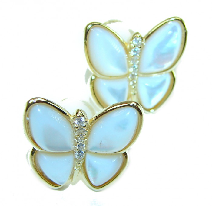 Genuine Blister Pearl 14K Gold over .925 Sterling Silver handcrafted Statement Earring - Butterfly earrings, front view, genuine blister pearl and gold detail.