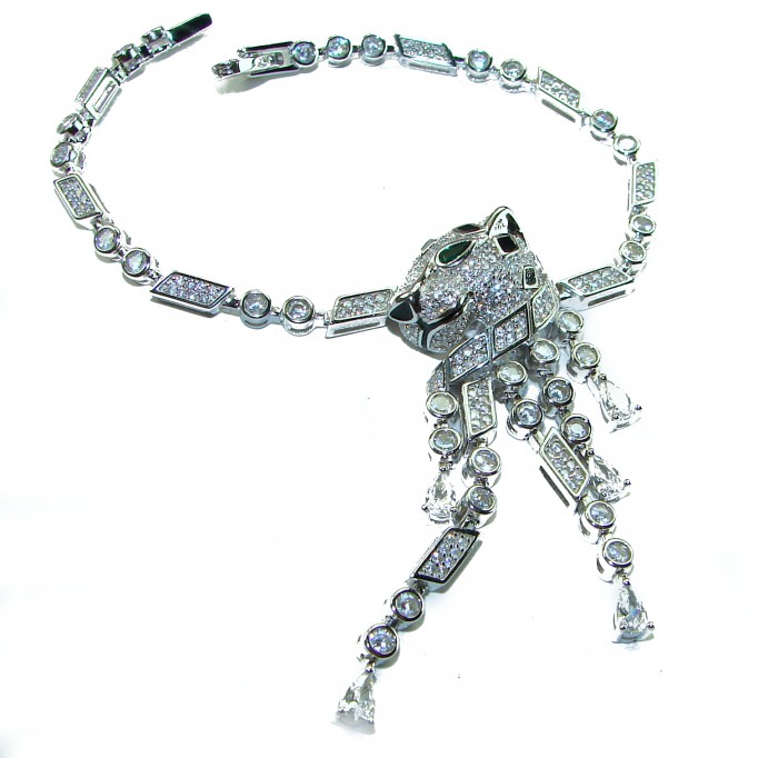 Panthère 4.5 carat Emerald black enamel .925 Sterling Silver handcrafted Bracelet - Front view of panther necklace with emerald and enamel detailing.