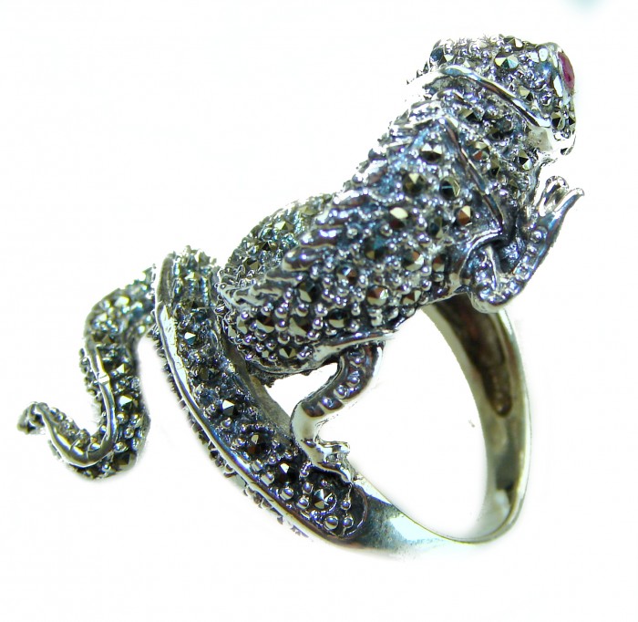Lizard Natural Marcasite Ruby .925 Statement Sterling Silver ring size 7 - Side view of a lizard statement ring with marcasite and ruby accents.