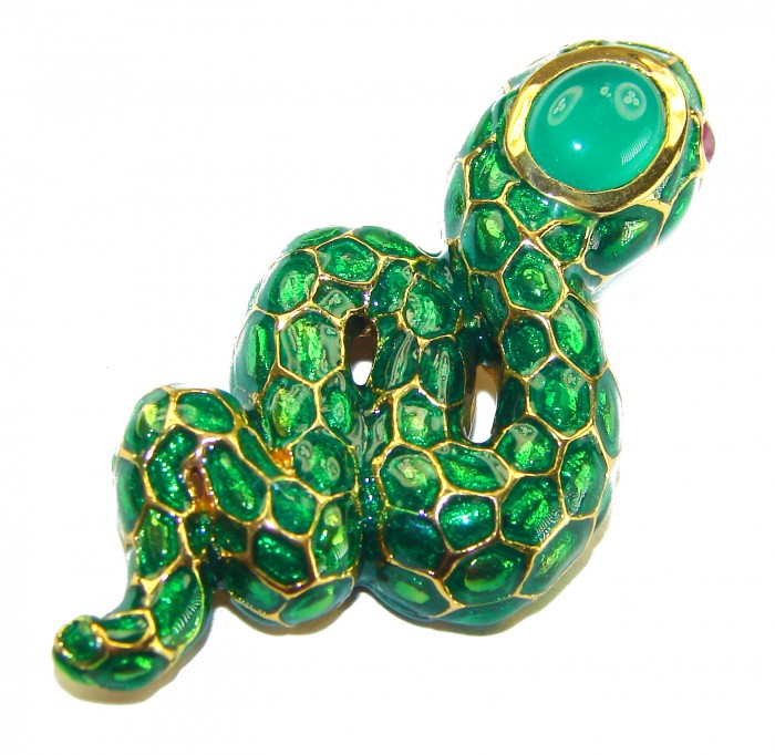 INCREDIBLE Natural Emerald Enamel Snake 14K Gold over .925 Sterling Silver Pendant - Emerald enamel snake brooch, top view, gold accents over silver.
