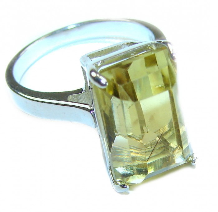 Solid 11.8 carat Genuine Lemon Quartz .925 Sterling Silver handcrafted ring size 8 - Lemon quartz ring in sterling silver, close-up side view.