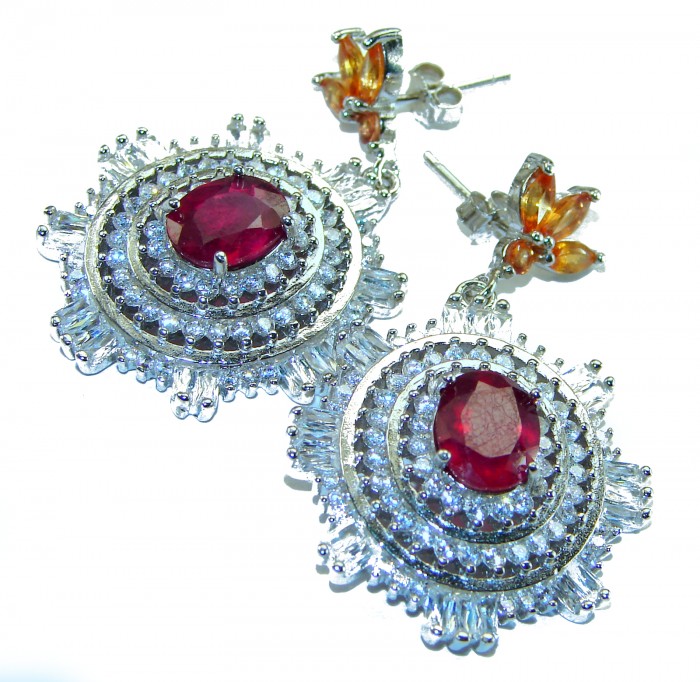 Melody - Vintage Design 9.4 CARAT Garnet .925 Sterling Silver handcrafted earrings - Close-up of vintage garnet earrings with ornate silver detailing
