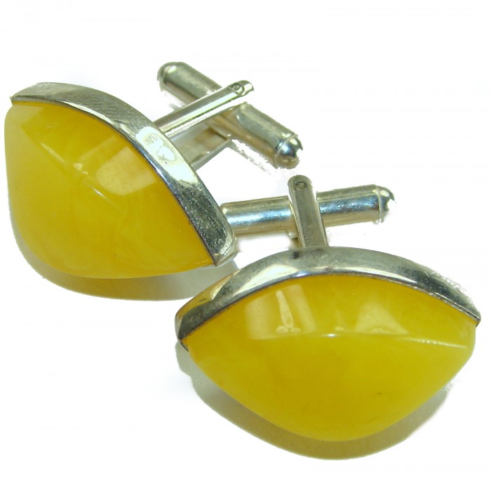 Amazing authentic Baltic Amber .925 Sterling Silver shirt cufflinks - Yellow amber cufflinks in .925 silver, angled top view.