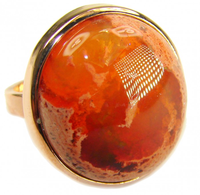 Orange Galaxy best quality 33.4 carat Mexican Opal 18K Rose Gold over .925 Sterling Silver handmade ring 8 adjustable - Close-up of 33.4 carat Mexican Opal ring in 18K rose gold setting.