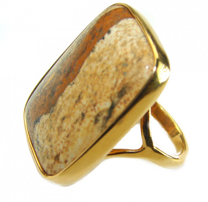 Huge Picture Jasper 14K Gold over .925 Sterling Silver handcrafted ring s. 9 - Side view of Picture Jasper in 14K Gold over Sterling Silver ring