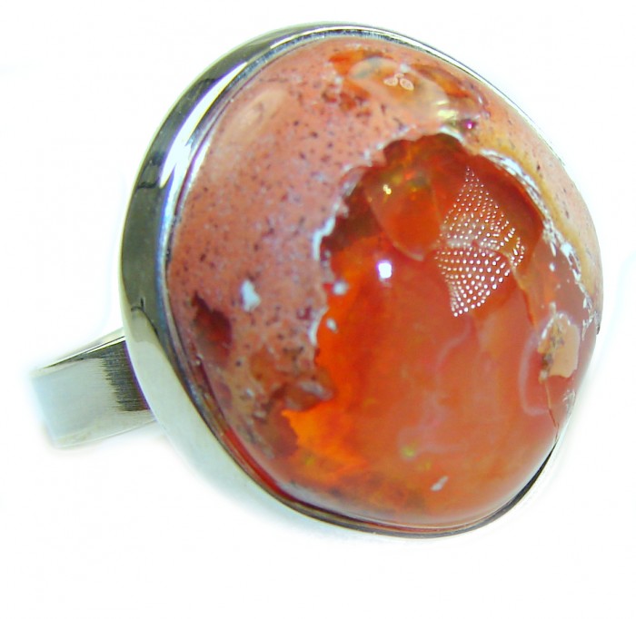 Orange Galaxy best quality 26.4 carat Mexican Opal .925 Sterling Silver handmade ring 7 - Close-up of Orange Galaxy 26.4ct Mexican Opal ring in .925 silver setting