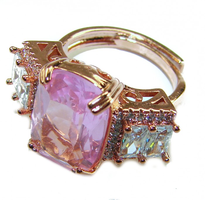 Art Deco 8.5 carat baguette cut Kunzite two tones 14K Gold .925 Sterling Silver handcrafted ring; s. 7 adjustable - Three-stone Kunzite ring, side view, rose gold setting.