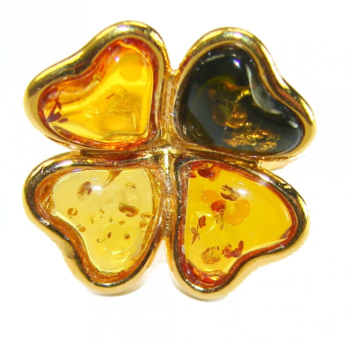 Beauty of the Nature Baltic Amber .925 Sterling Silver dipped in real Gold handcrafted HUGE ring; s. 7 adjustable - Baltic amber clover pendant close-up, heart-shaped stones in sterling silver