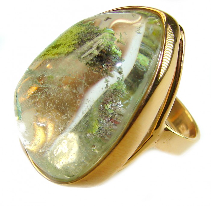Magic genuine Phantom Quartz 18K Gold over .925 Sterling Silver handmade Cocktail Ring s. 6 adjustable - Phantom Quartz ring in 18K gold and sterling silver, side view.