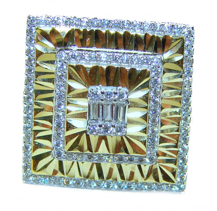 Aphrodite - two tones .925 Sterling Silver handcrafted ring size 6 1/2 - Square ring with layered design, front view, two-tone sterling silver.