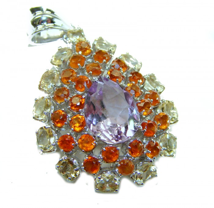 Tiffany - 15.5 carat Pink Amethyst rhodium over .925 Silver handcrafted Statement Pendant - Pendant close-up with pink amethyst and orange gemstones.