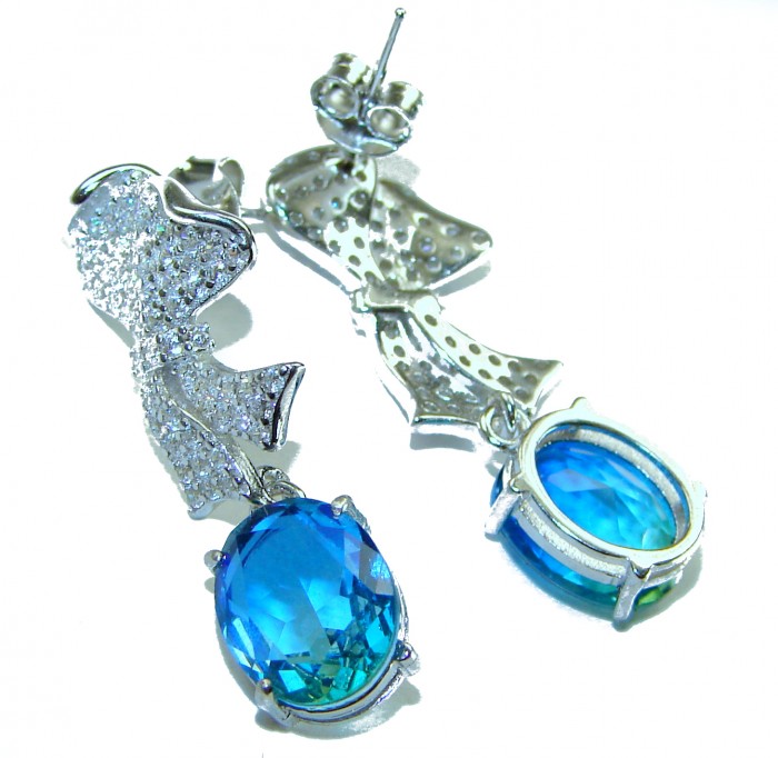 Atlantica 5.7 carat Aquamarine .925 Sterling Silver Handcrafted Statement earrings - Aquamarine earrings side view with sterling silver bow detail