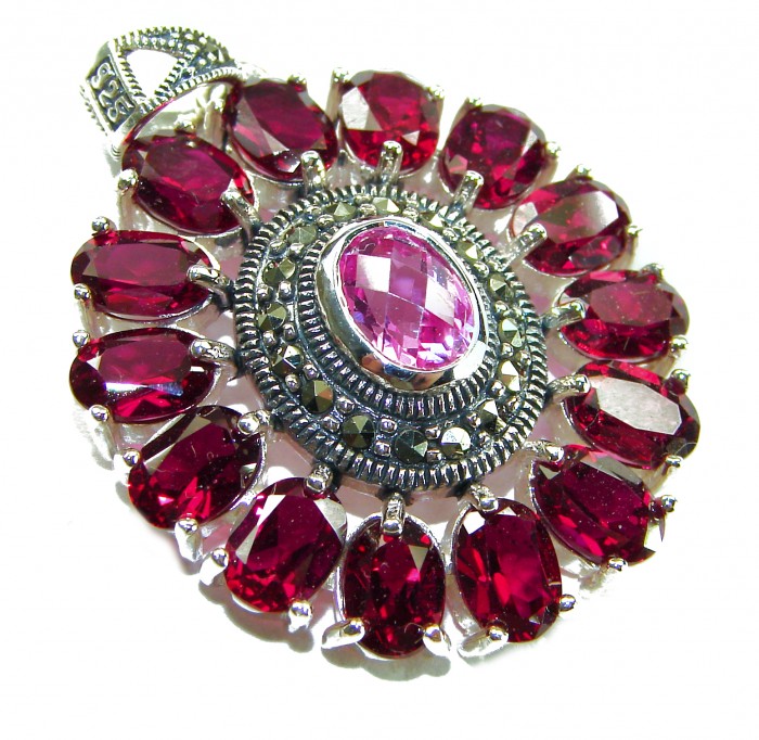 Posh Rose - 21.5 CARAT Pink Sapphire Garnet .925 Sterling Silver handmade Pendant - Close-up of Posh Rose pendant with pink sapphire and garnet stones.