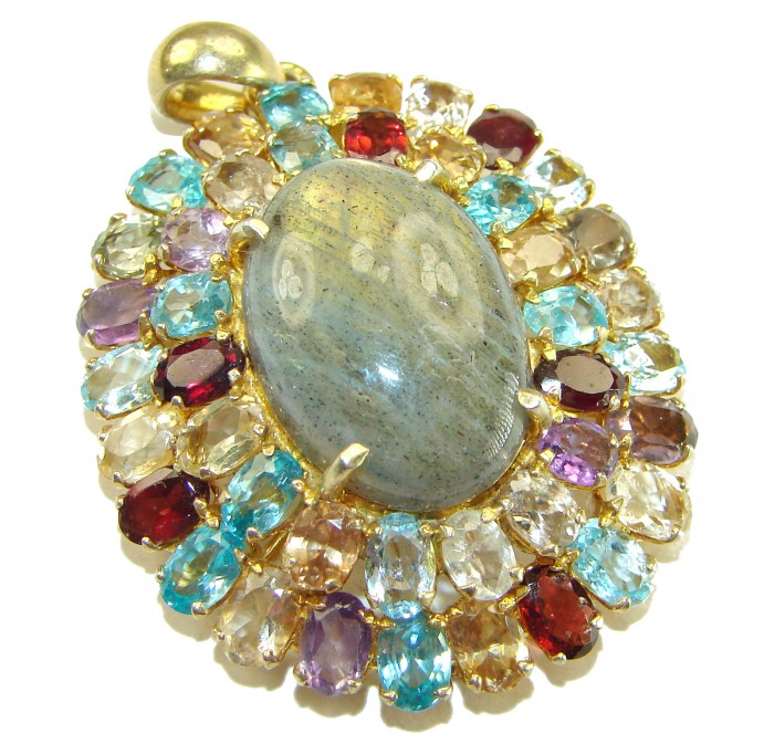 Magical Aurora 55.5 carat Fire Labradorite .925 Sterling Silver dipped in 14K Gold handcrafted Pendant - Close-up of Magical Aurora Fire Labradorite pendant with colorful gemstones