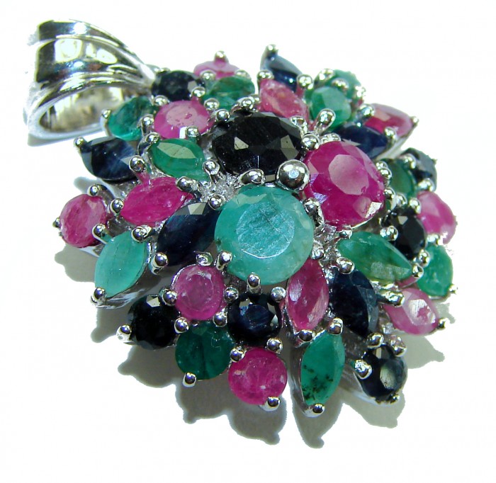 Circle of Life 15.2 carat authentic Sapphire Ruby Emerald .925 Sterling Silver handmade Pendant - Close-up of Circle of Life gemstone pendant with sapphires, rubies, emeralds