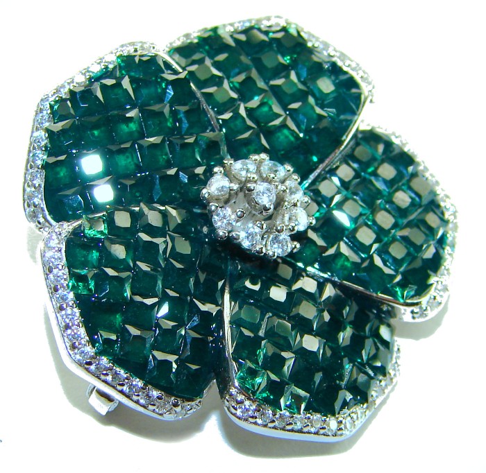 Posh Precious Flower 24.5 carat Emerald .925 Sterling Silver handcrafted pendant - Emerald flower brooch close-up, showcasing stones and intricate details
