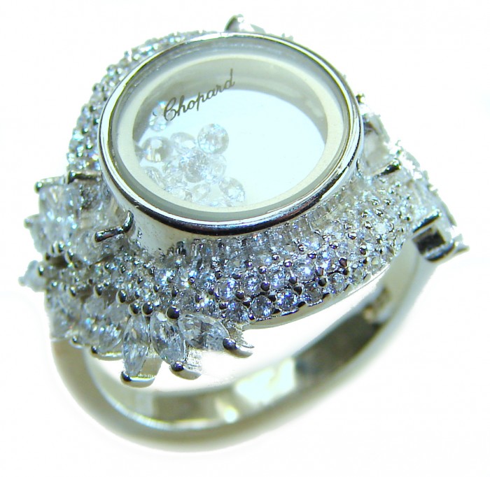Floating Memories 12.5 carat White Topaz .925 Sterling Silver Handcrafted Ring size 6 1/4 - Close-up of diamond-studded ring with floating stones, side view.
