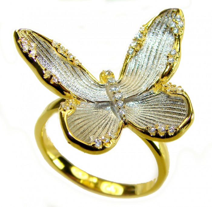 Golden Butterfly White Topaz highly polished 18K Gold over .925 Sterling Silver Italy made ring s. 8 - Butterfly ring, top view, 18K gold with white topaz accents.