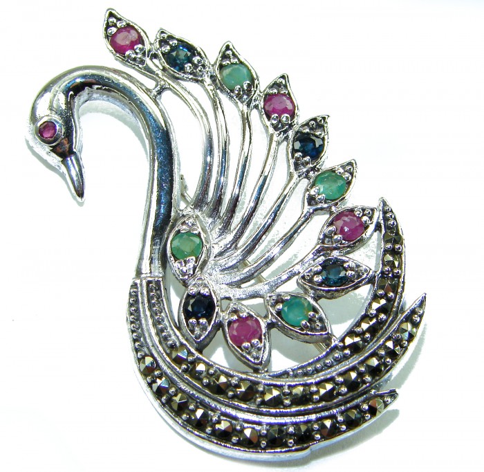 Perfect Swan Ruby 18K Gold over .925 Sterling Silver handmade Pendant Brooch - Swan brooch with colorful stones, top view, 18K gold over sterling silver.