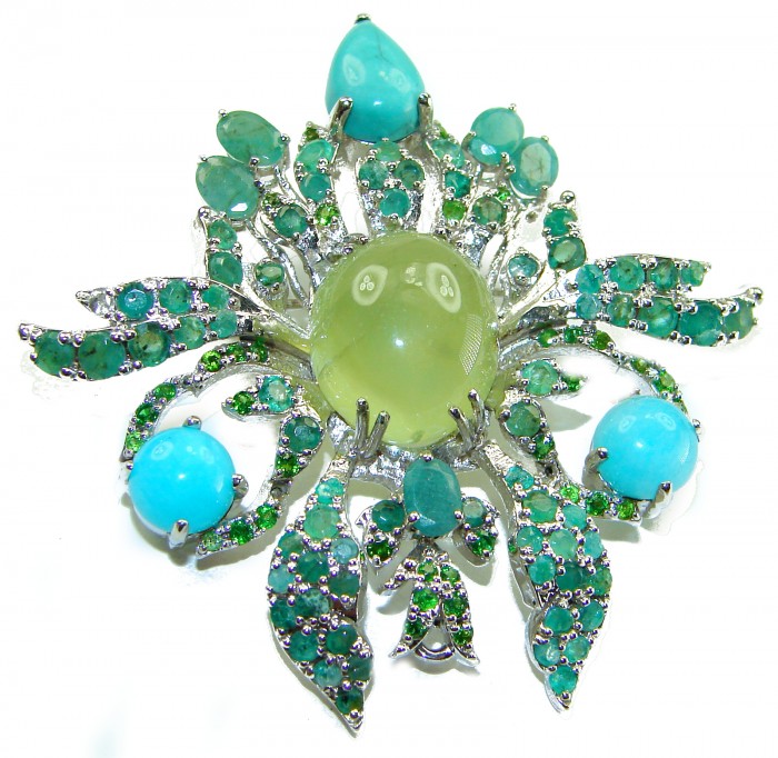 Gabriella 55.8 carat Colombian Emerald Prehnite Rhodium over .925 Sterling Silver handmade Pendant Brooch - Close-up of Gabriella 55.8 carat Colombian emerald prehnite brooch