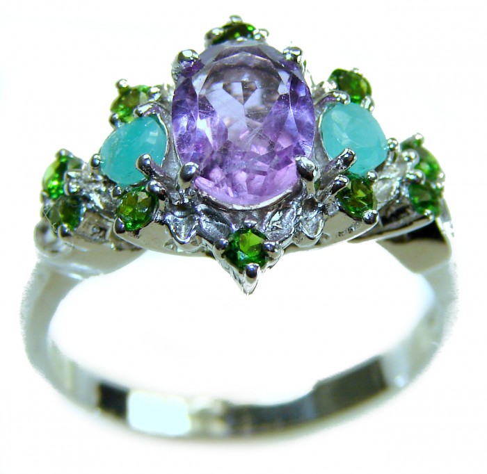 4.8 carat Purple Amethyst .925 Sterling Silver Handcrafted Ring size 8 - Close-up of handcrafted silver ring with purple amethyst and green gemstones.