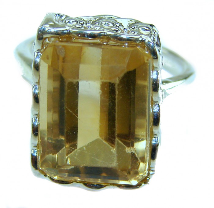 Solid 22.8 carat Genuine Lemon Quartz .925 Sterling Silver handcrafted ring size 9 - Close-up of lemon quartz ring with ornate sterling silver setting.