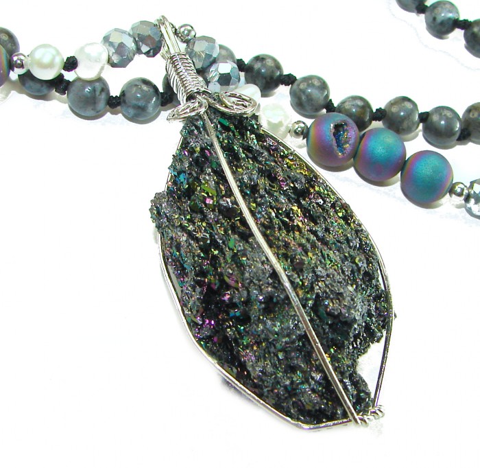 Bohemian Style Huge Genuine 34 inches Titanum Druzy .925 Sterling Silver handmade necklace - Close-up of Bohemian style titanium druzy pendant with beads.