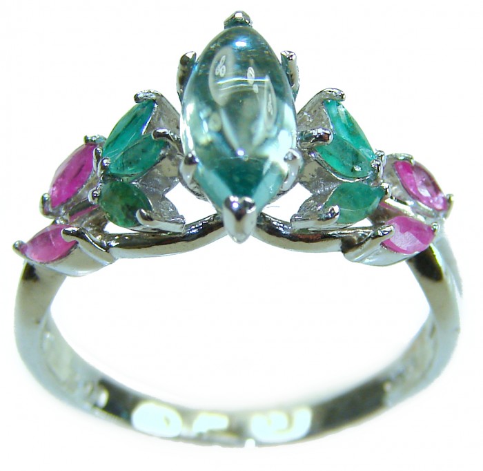 Emily 6.8 carat Swiss Aquamarine Emerald .925 Sterling Silver handmade Statement Ring size 9 - Close-up of Emily ring with aquamarine and emerald stones.