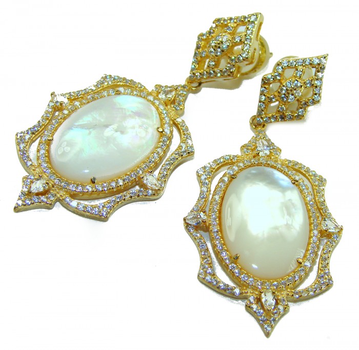 Top quality Sublime Blister Pearl 22K Gold over .925 Sterling Silver handcrafted Earrings - Dangling earrings with blister pearls, gold and diamond-like accents.