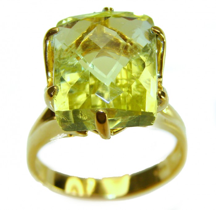Solid 11.8 carat Genuine Lemon Quartz .925 Sterling Silver DIPPED IN REAL GOLD handcrafted ring size 6 - Close-up of lemon quartz ring, faceted stone in gold-tone setting.