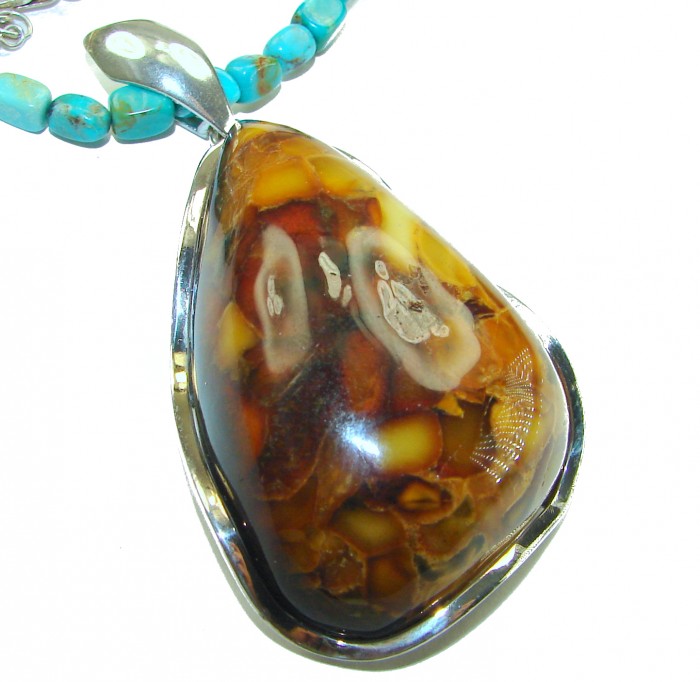 Rare!- vintage Style- natural Baltic Amber genuine Turquoise .925 Sterling Silver handcrafted necklace - Close-up of vintage Baltic Amber pendant with turquoise necklace.