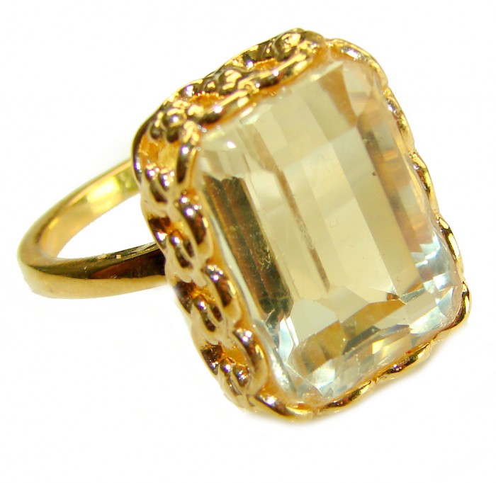 18.8 carat Genuine Lemon Quartz 14K Gold over .925 Sterling Silver handcrafted ring size 9 1/4 - Close-up of 18.8 carat lemon quartz ring in 14K gold over sterling silver.