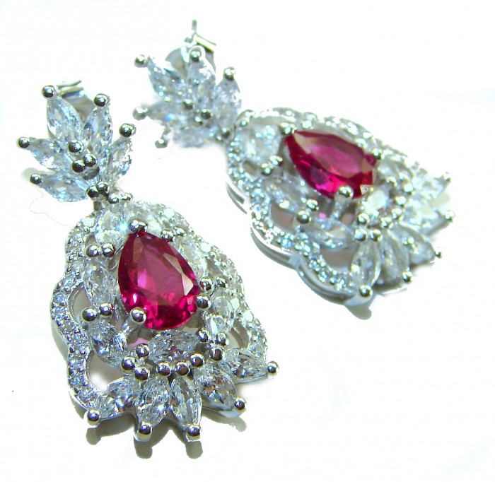 Magnificent Jewel 8.5 carat Ruby .925 Sterling Silver handcrafted incredible earrings - Close-up of sterling silver earrings with 8.5 carat ruby stones
