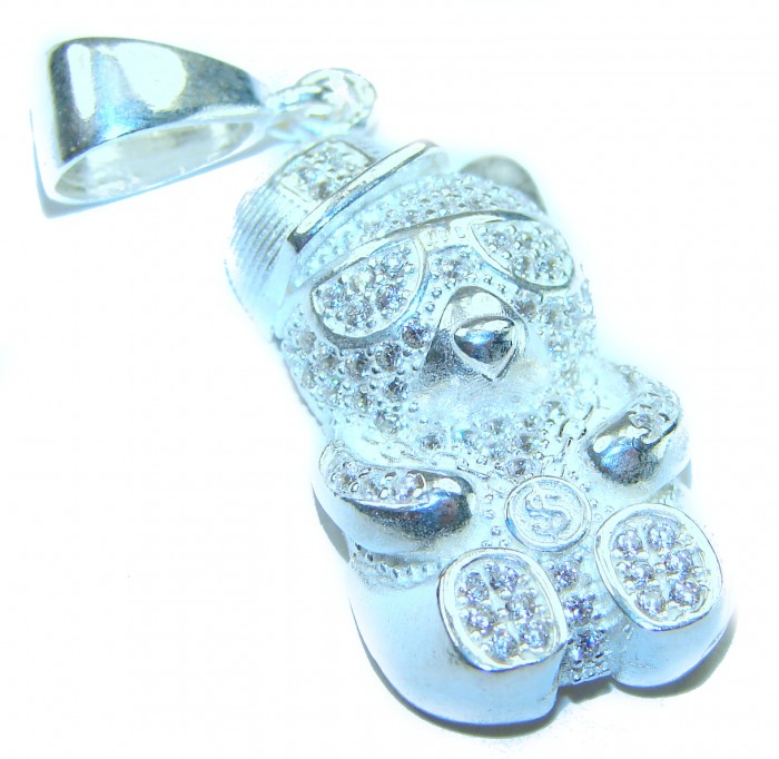 Cute Teddy Bear Natural White Topaz .925 Sterling Silver handmade Pendant - Front view of teddy bear pendant with white topaz in sterling silver.