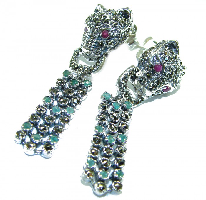 Panthère Ruby Emerald Sapphire Marcasite .925 Sterling Silver earrings - Dangling panther earrings with emeralds and marcasite, side angle view.