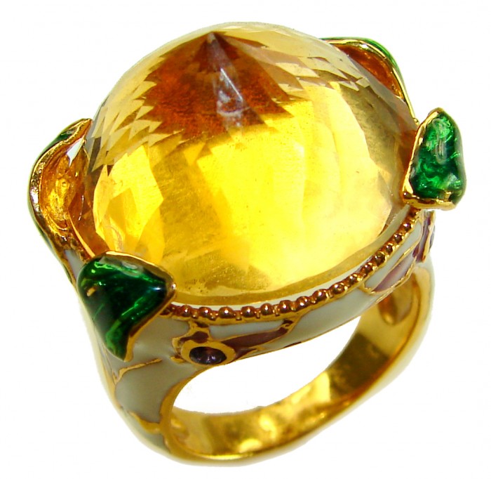 Natural 27.2 carat Brazilian Citrine white enamel .925 Sterling Silver dipped in 22K Gold handmade Statement Ring size 6 1/2 - Close-up of citrine ring with green accents and white enamel detailing.