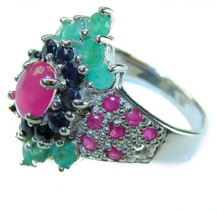 Real Beauty Natural 8.4 carat Ruby .925 Sterling Silver handmade Statement Ring size 7 - Side view of multicolored gemstone ring in sterling silver setting.