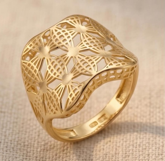 Dubai Style .925 Sterling Silver dipped in 22K Gold handmade Large ring size 9 - Intricate gold-plated ring, top view, showcasing geometric lattice design.
