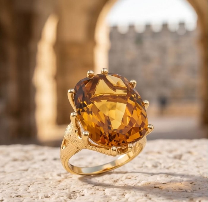 Liliana 24.5 carat Champagne Smoky Topaz .925 Sterling Silver dipped in real 18K Gold Oversized Ring size 10 - Close-up of Liliana 24.5 ct Champagne Smoky Topaz Ring against stone.